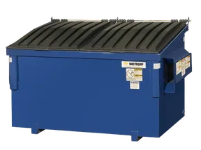 A blue four yard front load dumpster