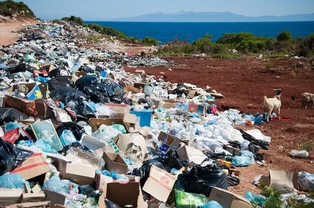 A large pile of garbage, including boxes and plastic bags, is scattered on a dirt path near the sea, with goats nearby and distant mountains visible.